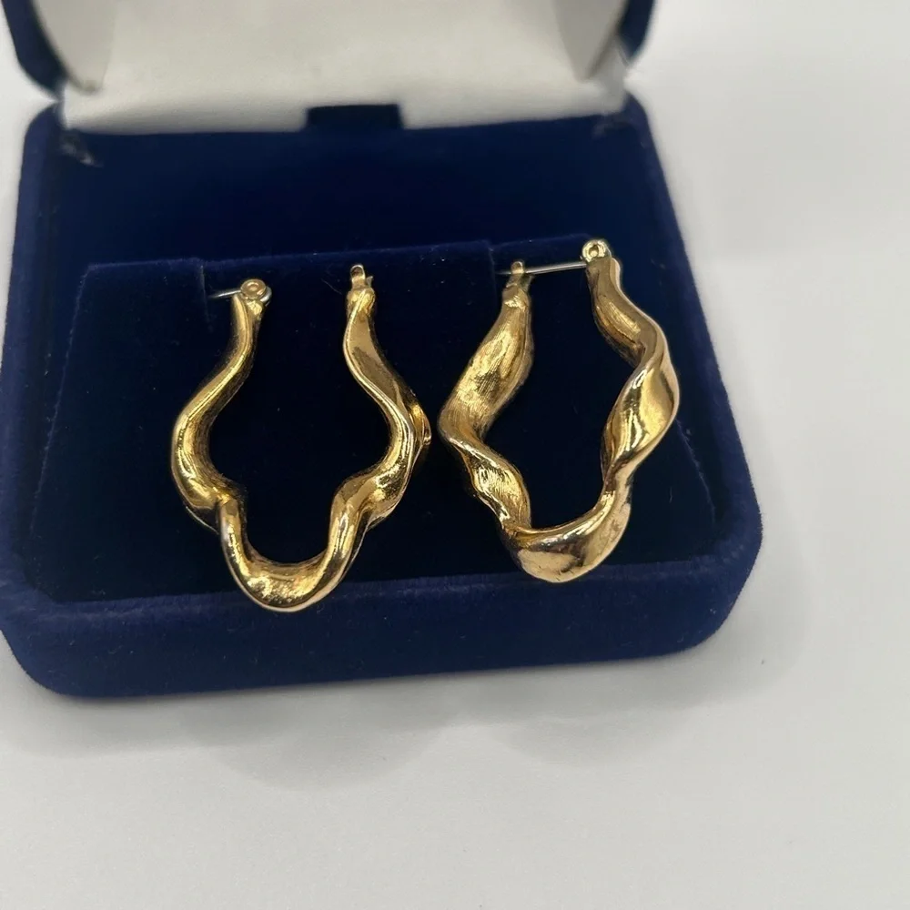 Gold Dangle Hoop Earrings with Intricate Design - Picture 1 of 4